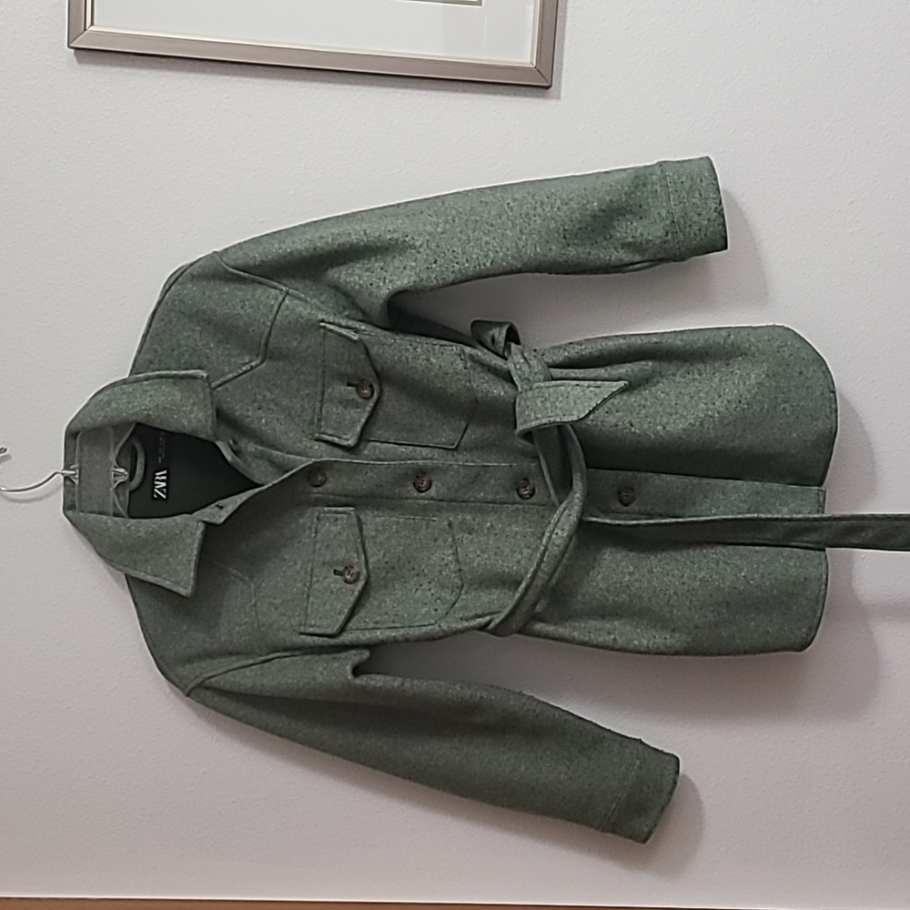 Zara Belted Shacket Jacket Green Size Small Oversized Button Front